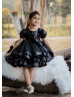 Short Puffy Sleeves Black Sequin Tulle Shimmering Layered Flower Girl Dress